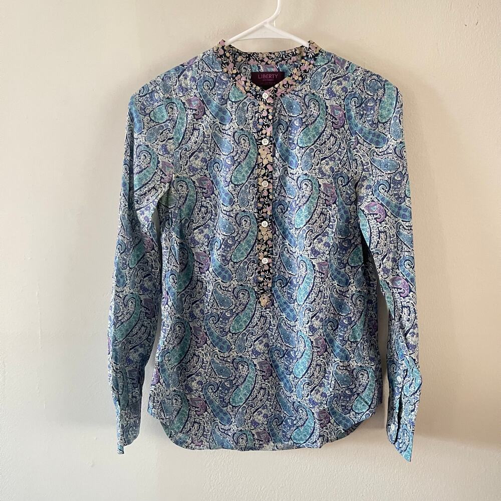 J.Crew Liberty Fabrics Blue Paisley Popover Shirt Blouse Womens Size 00 Artsy